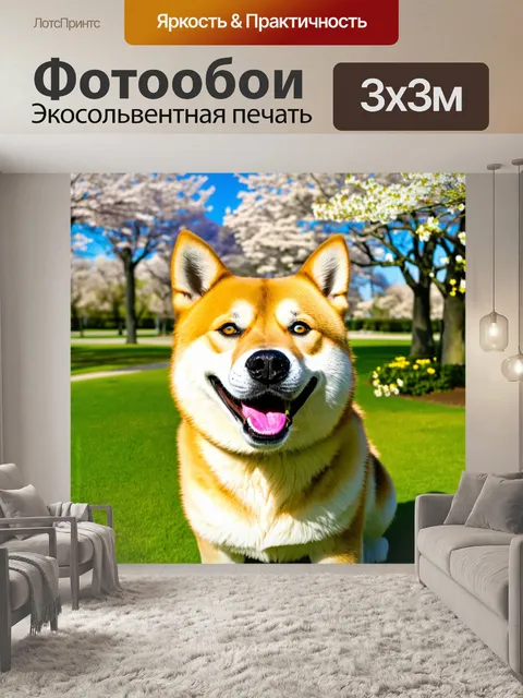 Фотообои в тихом, солнечном парке собака породы сиба-ину радостно улыбается, ее шерсть переливается на свету