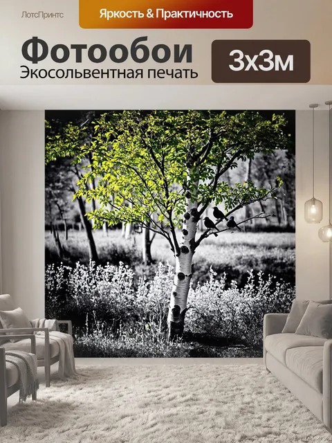 Фотообои берёза, покрытая молодыми зелеными листьями, выделяется на фоне леса, полного разнообразной флоры