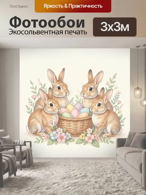 Фотообои Четыре зайца с пасхальной корзиной
