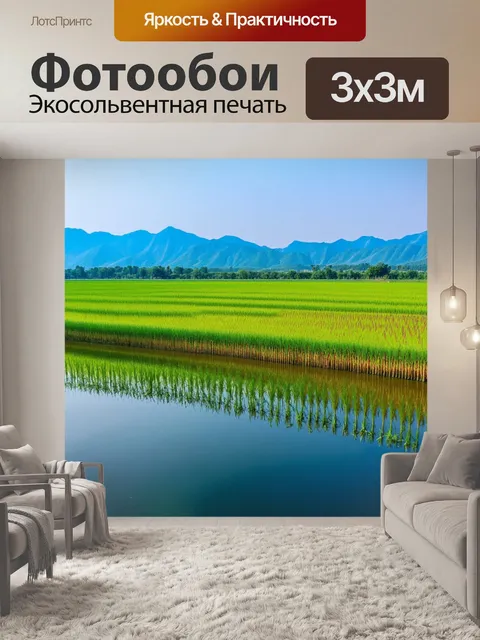 Фотообои китай, панорама яркого рисового поля на фоне гор, торжественно отражающегося на воде