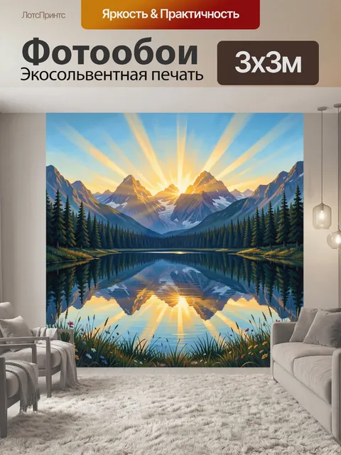 Фотообои Горный пейзаж с озером и солнцем