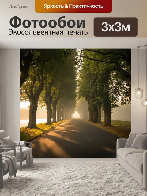 Фотообои туман в стиле флэт, длинная аллея с деревьями, утренний туман, красивые тени и формы