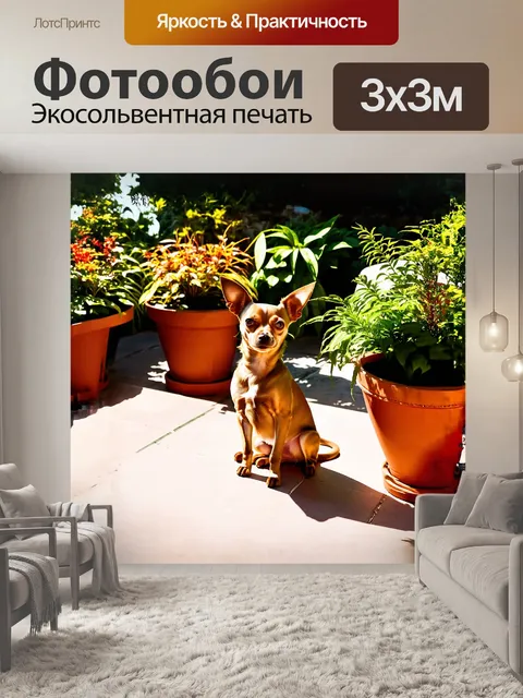 Фотообои чихуахуа, сидящая на террасе, окруженная яркими горшечными растениями, создает атмосферу теплого летнего утра