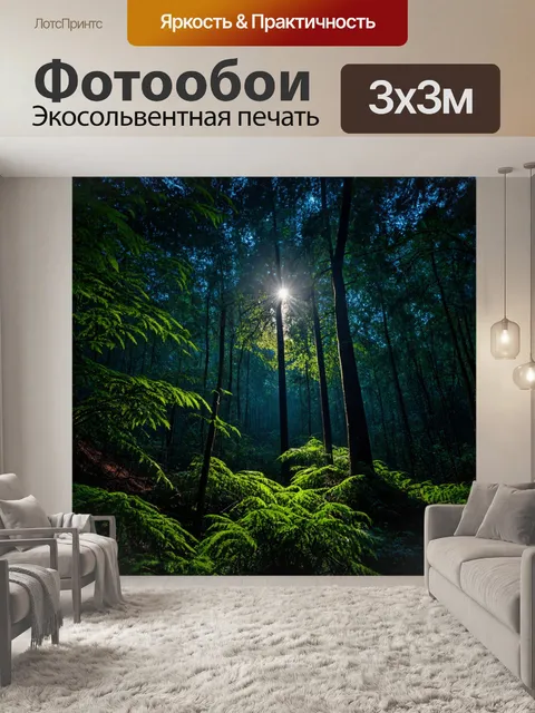 Фотообои лес с лунным светом, проникающим в густую листву