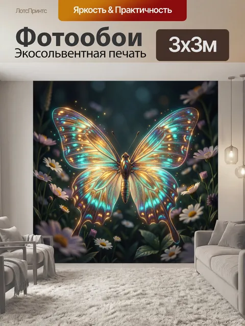 Фотообои Светящаяся бабочка среди цветов
