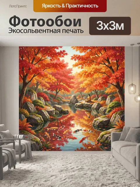 Фотообои Осенний японский сад с карпами кои