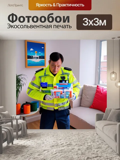 Фотообои фельдшер в уютной городской квартире, создающий медицинскую аптечку из яркой упаковки препаратов