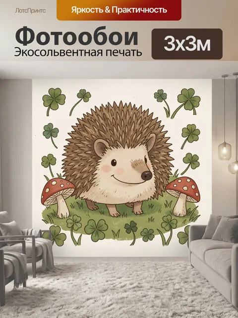 Фотообои Ёжик с грибами и клеверами