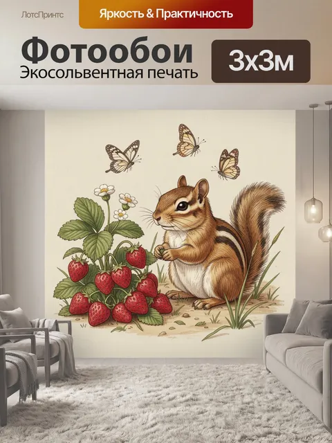 Фотообои Бурундук с земляникой и бабочками