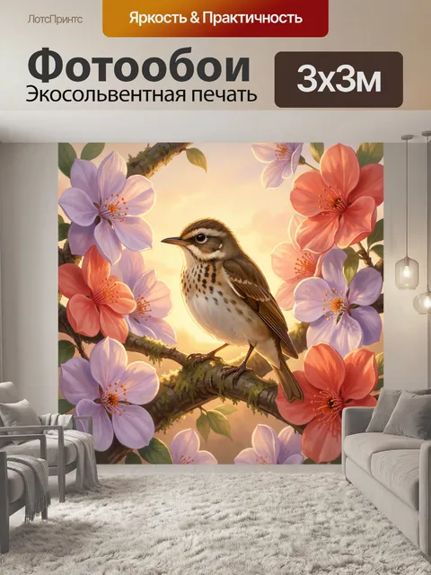 Фотообои Птица среди цветущих ветвей
