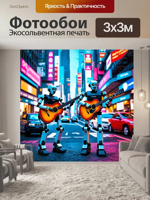 Фотообои город в стиле киберпанк, роботизированные уличные музыканты, создающие уникальную атмосферу