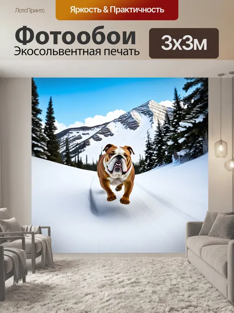 Фотообои мешечная собака на сноуборде скользит по склону снегом