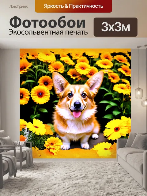 Фотообои корги делает селфи на фоне цветов в стиле пленочной фотографии с эффектом теплых тонов и мягкого фокуса