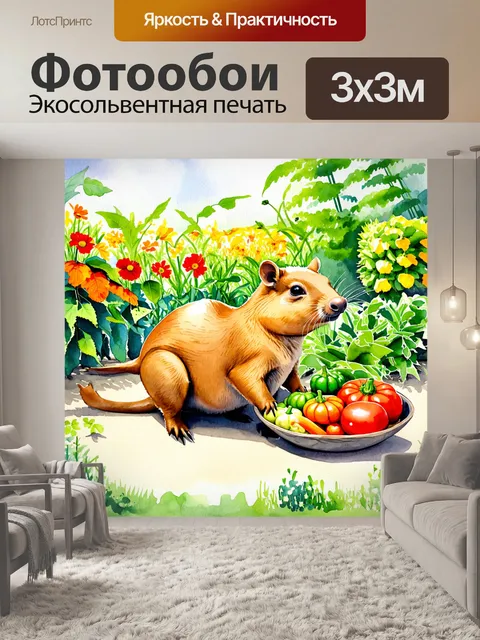Фотообои капибара, собирающая богатый урожай из овощей на красивом огороде, с яркими цветами и зелеными растениями…