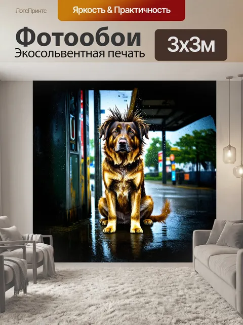 Фотообои огромная собака с взъерошенной гривой, похожей на панк, сидит на заброшенной автобусной остановке под дождем