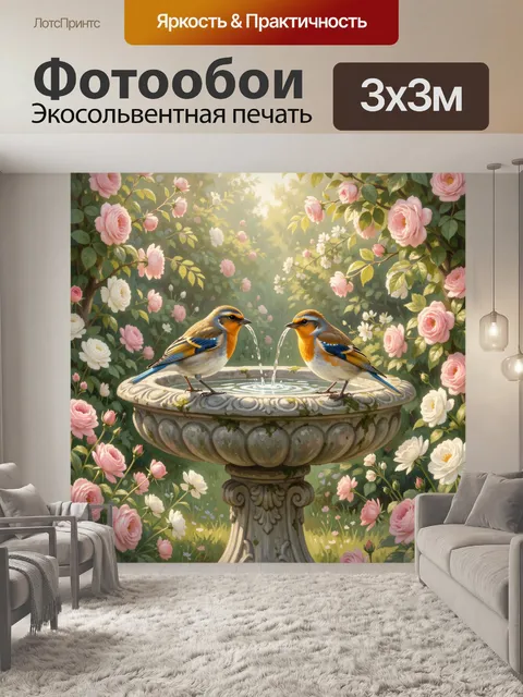 Фотообои Птицы у садового фонтана