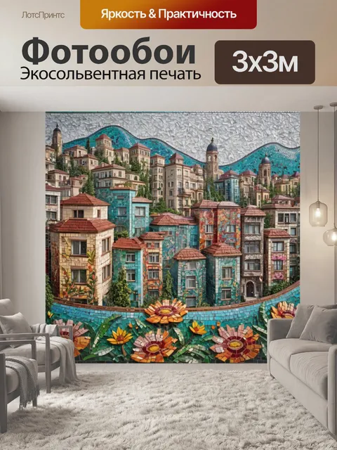 Фотообои город в стиле мозаика, украшенные цветочными орнаментами, образующими живописный городской пейзаж