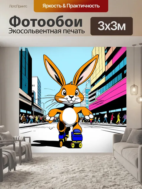 Фотообои заяц на роликах мчится по улице