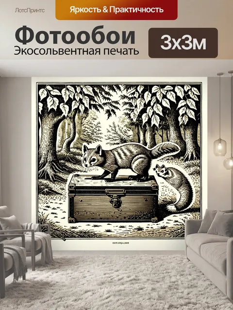 Фотообои изобразите сцену в лесу, где куница и горностай исследуют старинный предмет – антикварную шкатулку