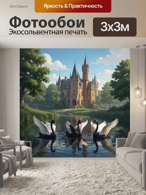 Фотообои Замок у лесного пруда с лебедями