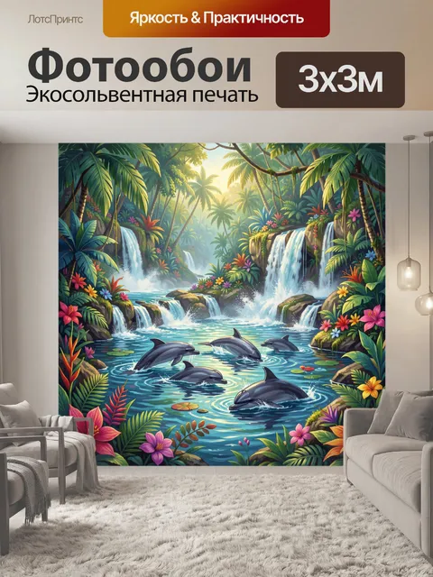 Фотообои Тропический водопад и дельфины