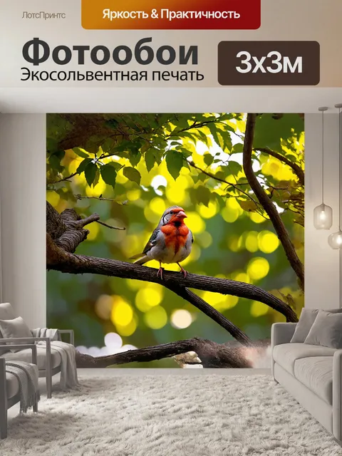 Фотообои зебровая амадина, мирно сидящая на ветке дерева, сверкает яркими цветами своего оперения на фоне зелёного леса