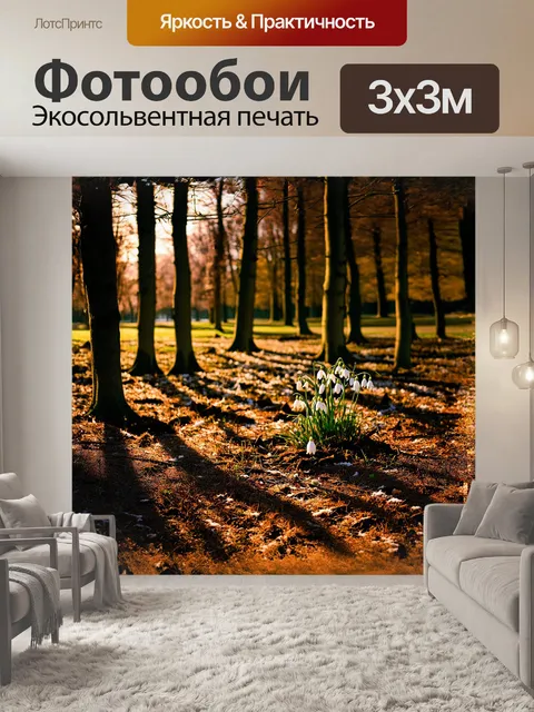 Фотообои небольшая поляна, усыпанная подснежниками, раскинулась под высокими деревьями, чьи ветви только начинают…
