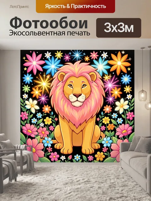 Фотообои Лев среди ярких цветов