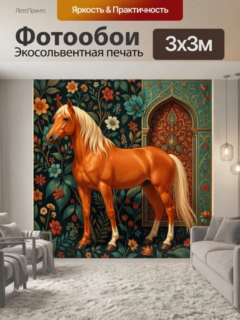 Фотообои Рыжий конь среди цветов