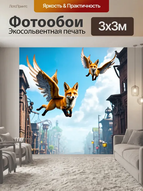 Фотообои животные в стиле стимпанк: крылатые лисы, парящие над стимпанк-городом с механическими зданиями