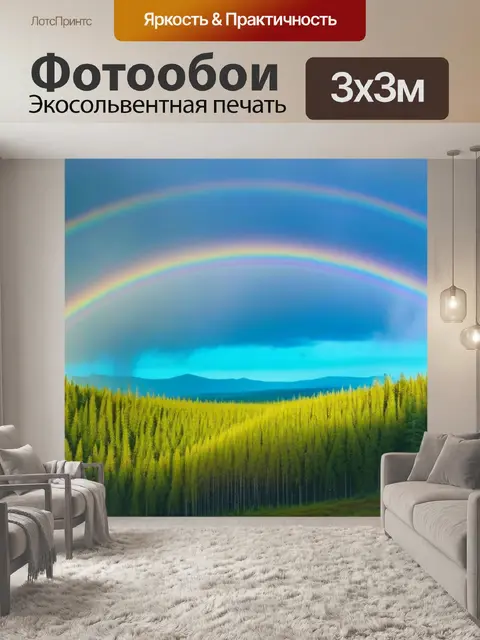 Фотообои еловый лес на фоне радуги