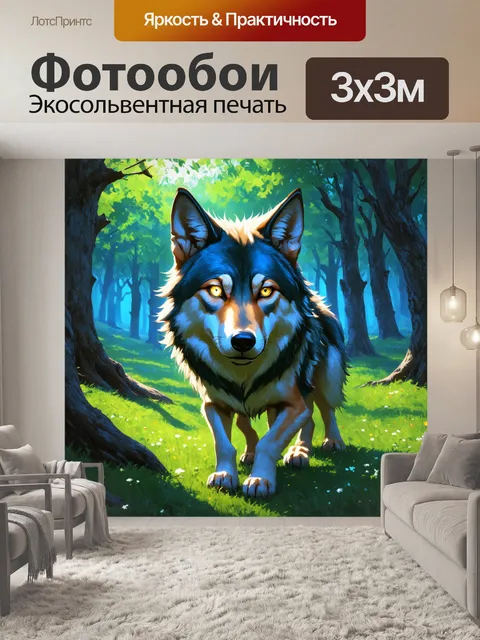 Фотообои в сердце сказочного леса, где деревья одеваются в зелёные и синие оттенки, притаился загадочный волк