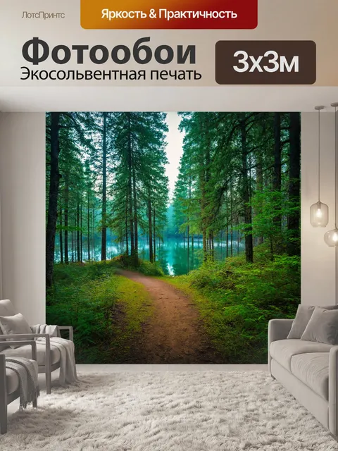 Фотообои лесная чаща с тропой, ведущей к загадочному озеру, окруженному тишиной