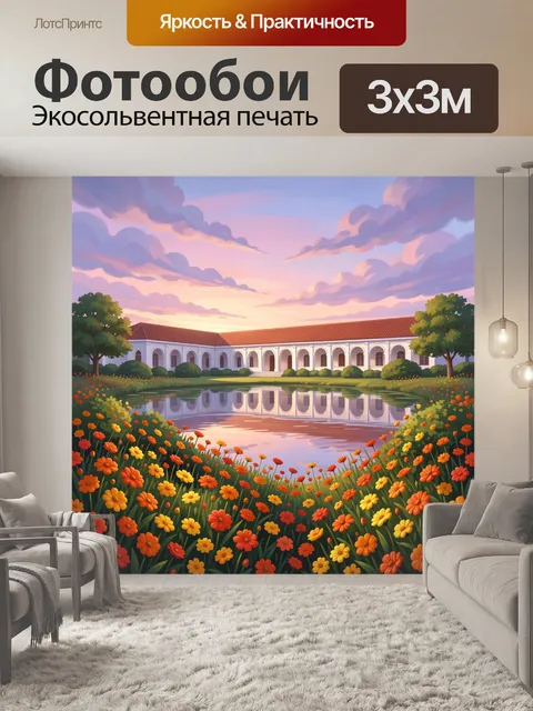 Фотообои Цветущий сад у зеркального пруда