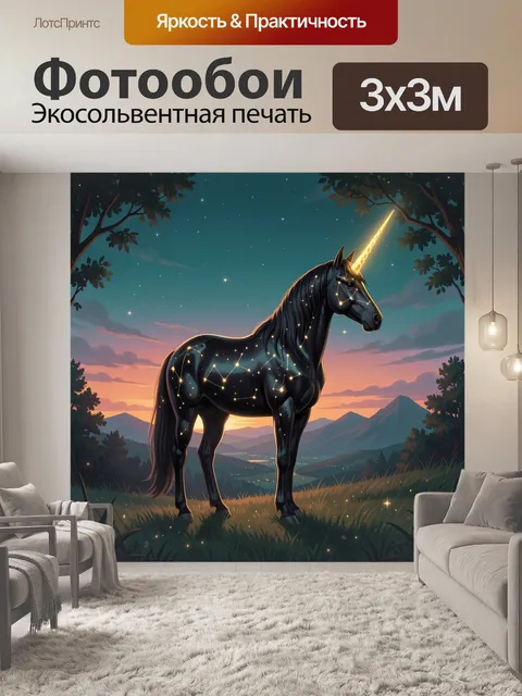 Фотообои Черный единорог со звездами