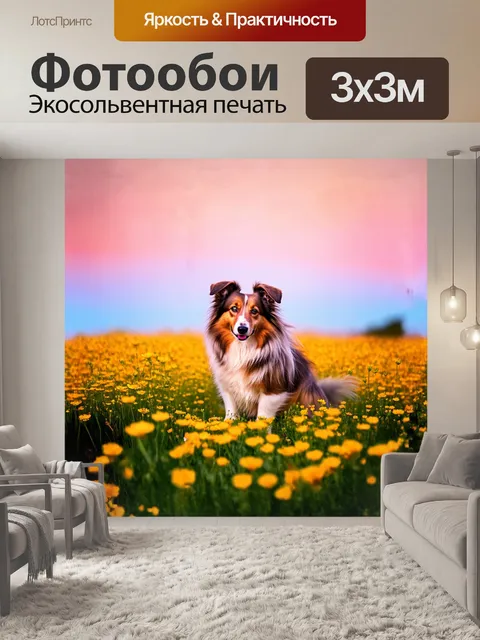Фотообои собаки шетландской овчарки, сидящей на цветочном лугу среди ярких полевых цветов