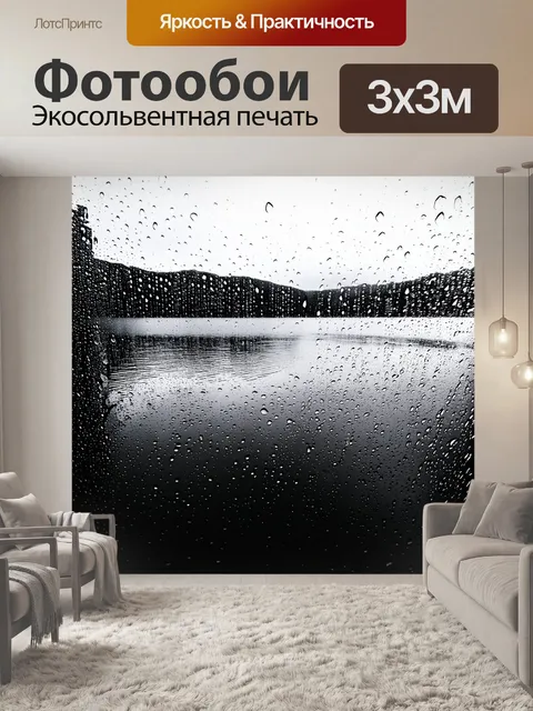 Фотообои озеро в черно-белом стиле, редкий момент дождя, капли воды на поверхности