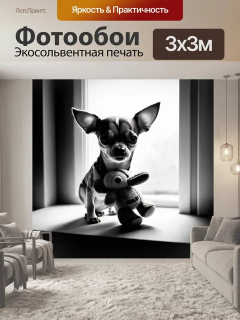 Фотообои чихуахуа, обнимающийся с плюшевой игрушкой, окутанный теплым светом света из окна