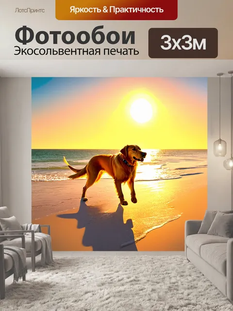 Фотообои золотистый ретривер, исследующий巨大ный пляж во время восхода солнца, его тень уверенно тянется к морю