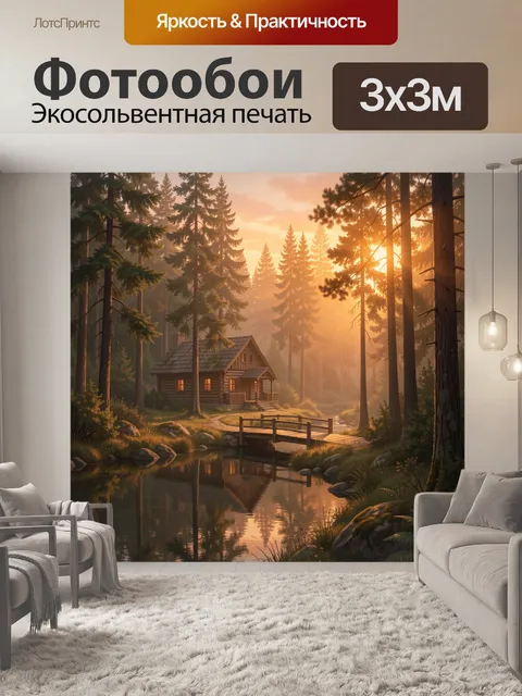 Фотообои Лесной домик у ручья на рассвете