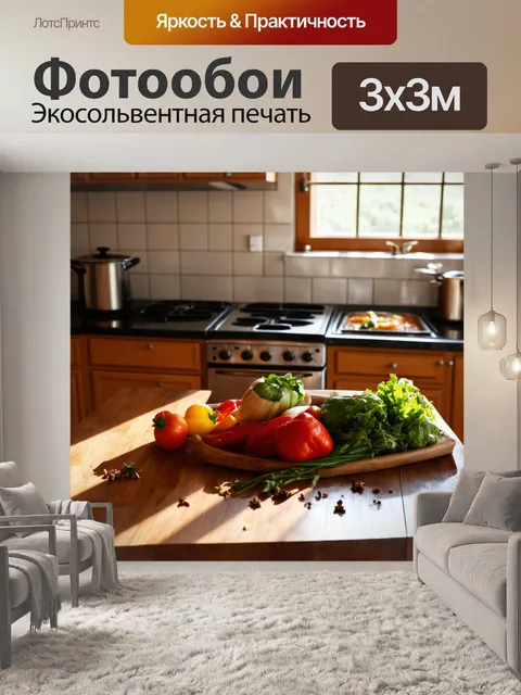 Фотообои в центре изображения изображена яркая кухня с деревенским стилем