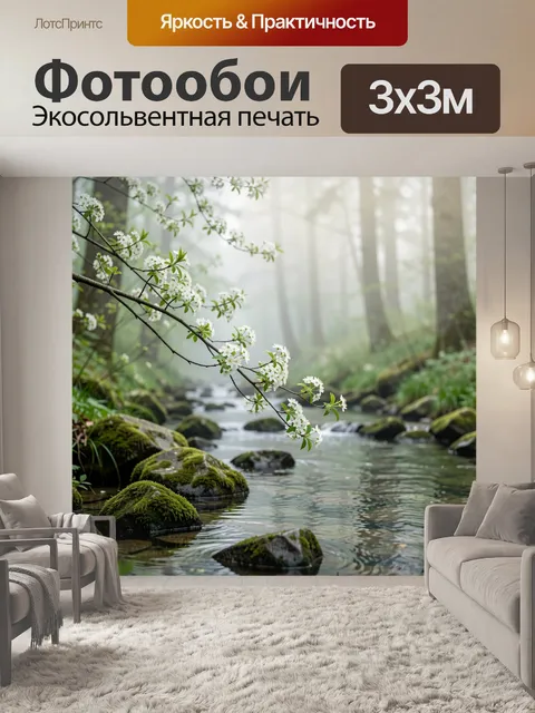 Фотообои Цветущая ветка с белыми лесными цветами нависает над тихим ручьем в туманном лесу