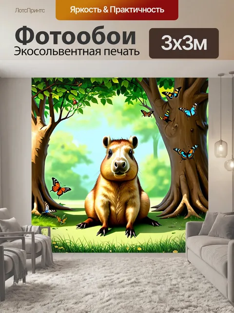 Фотообои капибара, отдыхающая в тени больших деревьев, окруженная цветными бабочками и пением птиц
