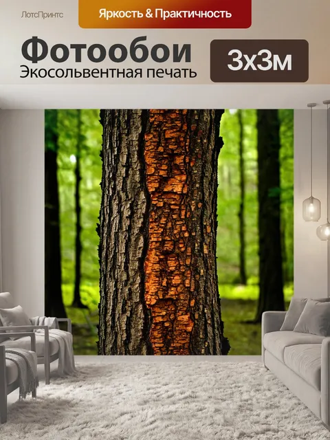 Фотообои с шершавыми корой деревьев, создающей текстурный контраст