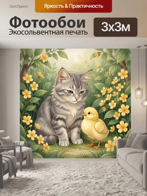 Фотообои Котенок и цыпленок среди цветов