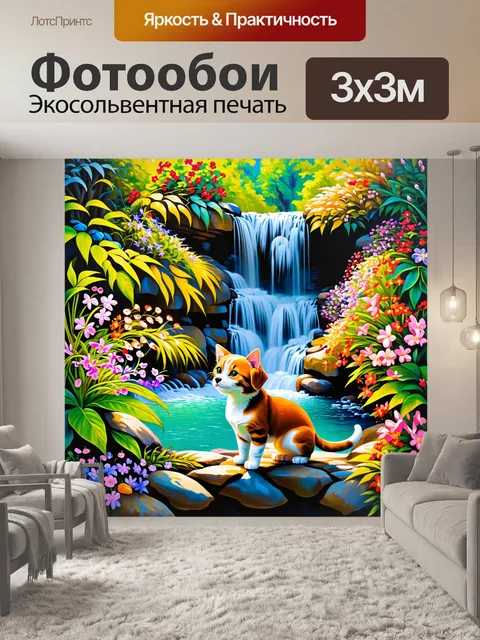 Фотообои около каскада водопадов щенок и котенок наслаждаются моментом, окружённые зелеными растениями и яркими цветами