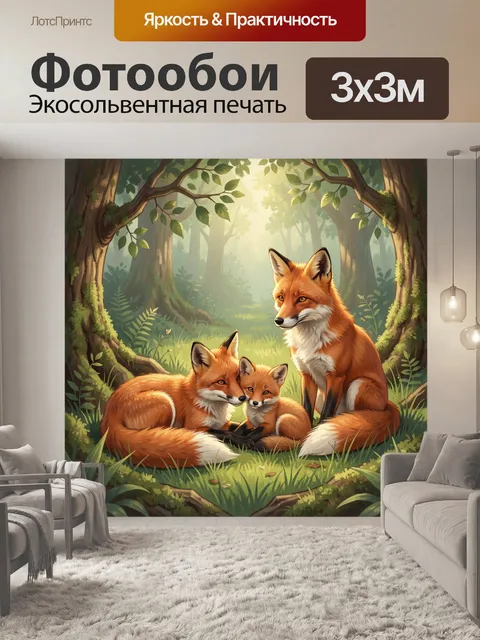Фотообои Семья лис в лесу