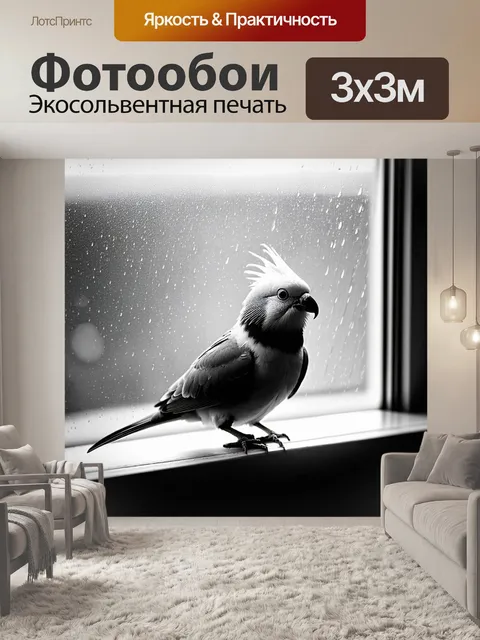 Фотообои корелла, присевшая на подоконнике, наблюдающая за дождем за окном, оперение журчит под легким, мерцающим…