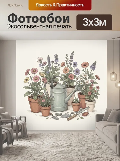 Фотообои Цветы в садовой лейке и горшках