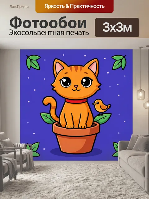 Фотообои Рыжий котенок с птичкой